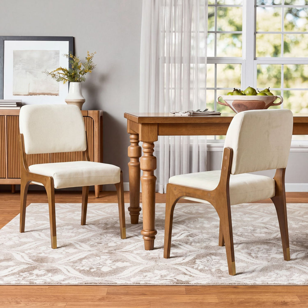 Mid-Century Modern Dining Chair with Solid Rubber Wood Frame & Upholstered Back(Set of 2), Walnut+Beige