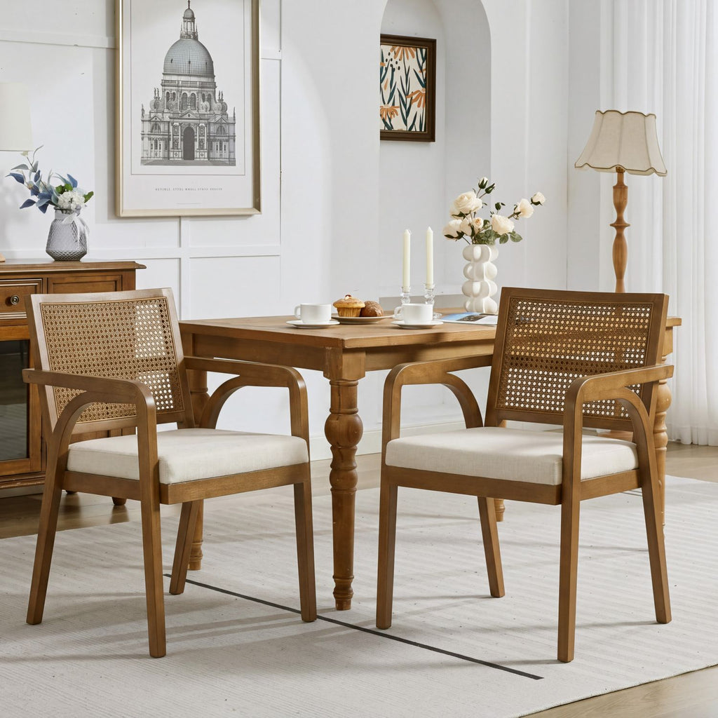 Mid-Century Modern Dining Chairs Set of 2, Upholstered Wood Frame Dining Chairs with Natural Rattan Cane Back for Kitchen, Living Room, Home Office,Walnut+Beige
