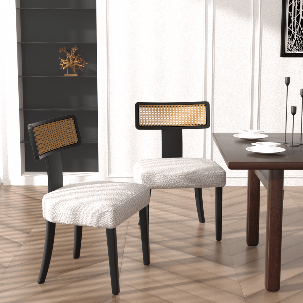 Mid Century Modern Dining Chairs Set of 2,Solid Wood and Rattan Net Back,Dining Room Chairs Accent Side Chairs for Dining Room,Black Frame and Beige Set Coushion