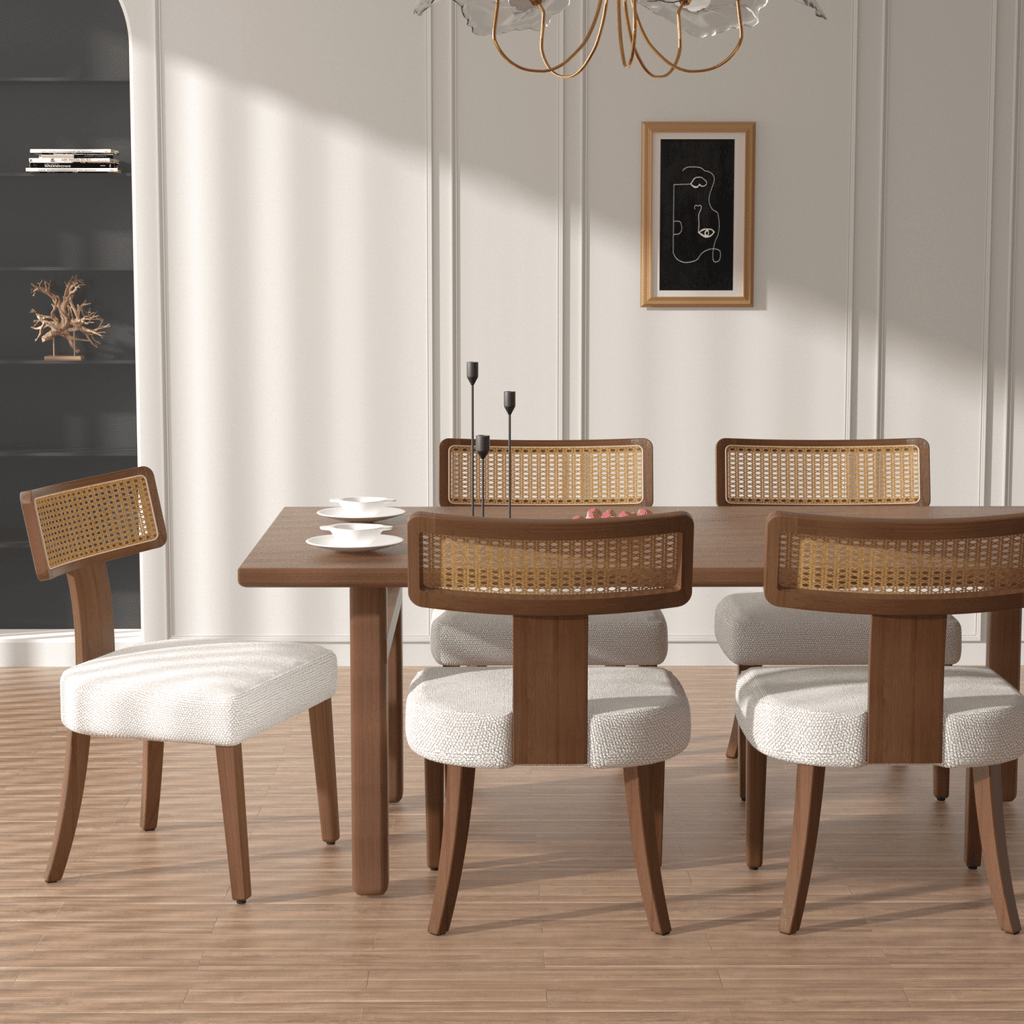 Mid Century Modern Dining Chairs Set of 2,Solid Wood and Rattan Net Back,Dining Room Chairs Accent Side Chairs for Dining Room,Walnut Frame and Beige Set Coushion