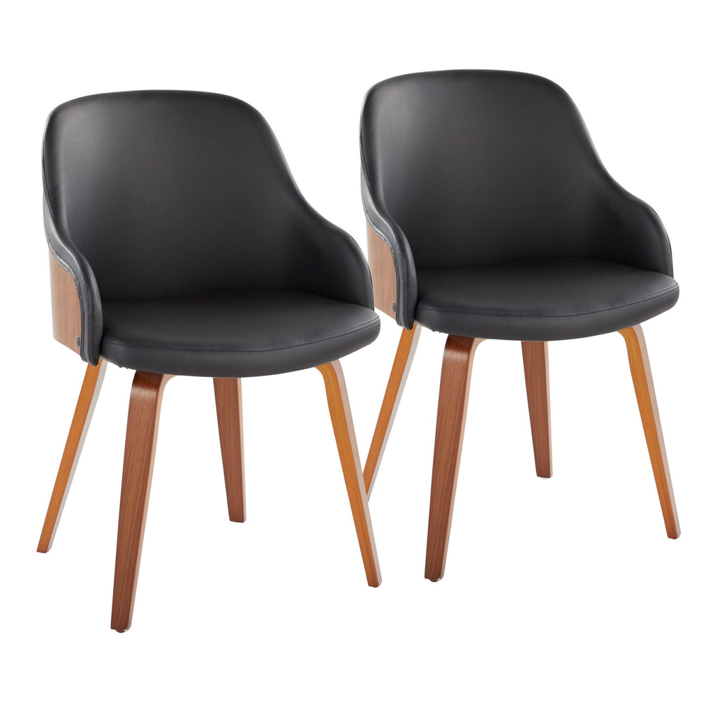 Mid-Century Modern Dining/Accent Chair in Walnut Wood and Black Faux Leather - Set of 2
