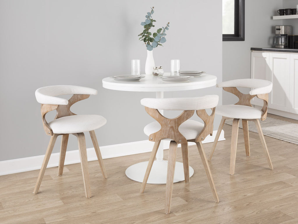 Mid-Century Modern Dining/Accent Chair in White Washed Wood and Cream Fabric