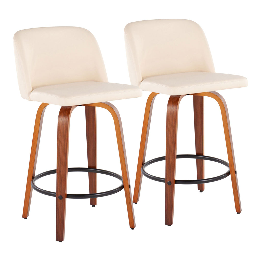 Mid-Century Modern Fixed-Height Counter Stool in Walnut Wood with Round Black Footrest and Cream Faux Leather - Set of 2