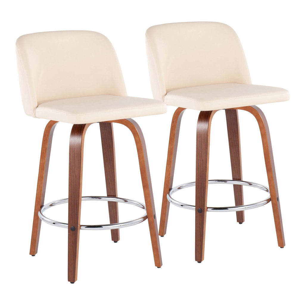 Mid-Century Modern Fixed-Height Counter Stool in Walnut Wood with Round Chrome Footrest and Cream Faux Leather - Set of 2