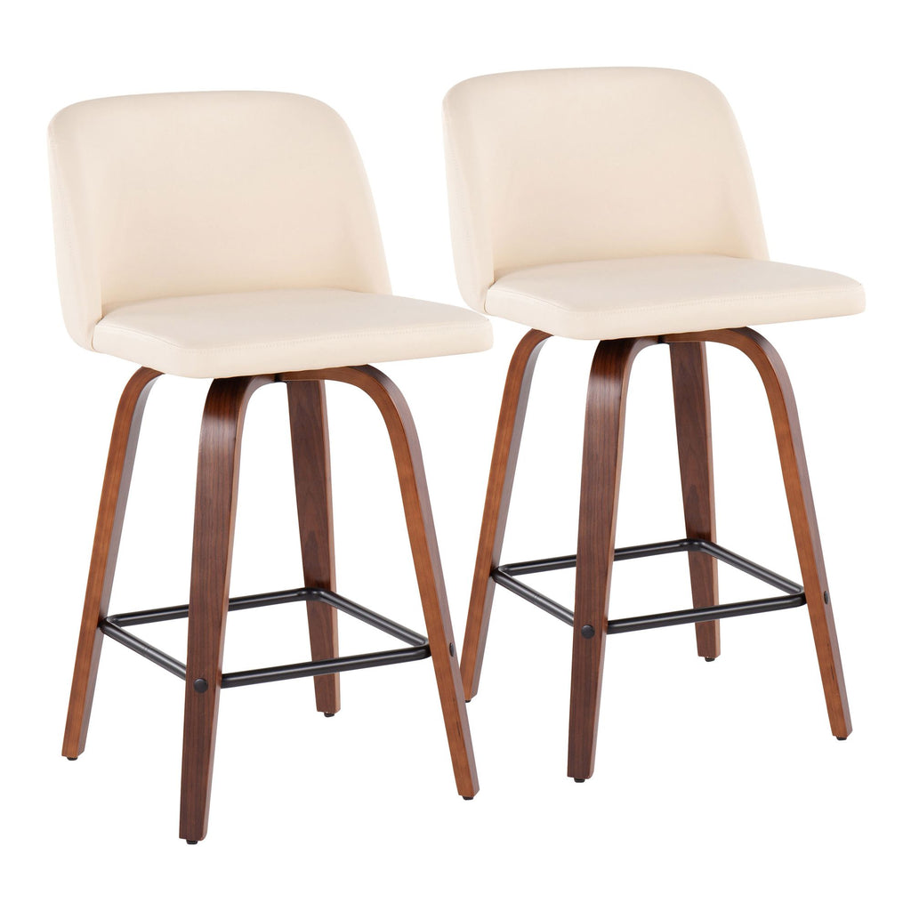 Mid-Century Modern Fixed-Height Counter Stool in Walnut Wood with Square Black Footrest and Cream Faux Leather - Set of 2