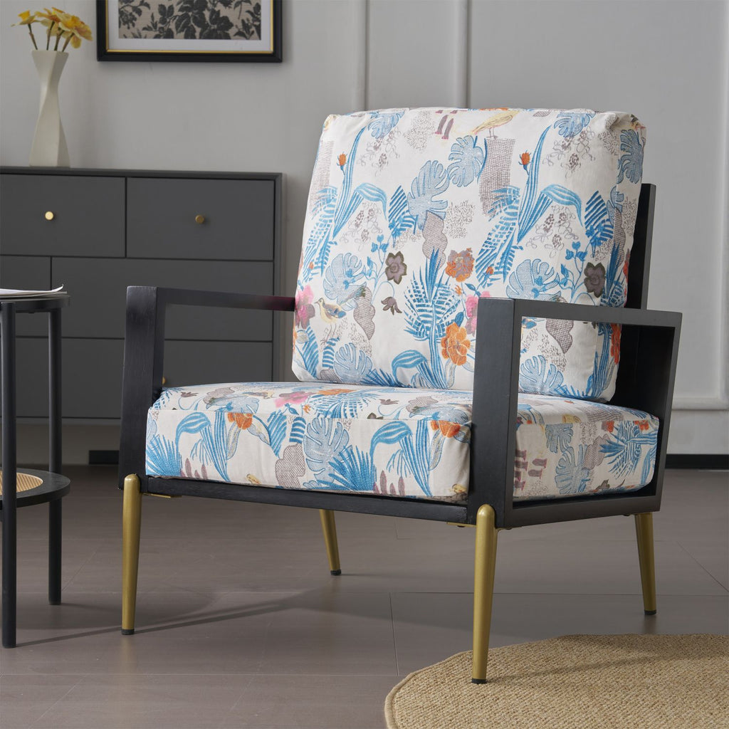 Mid-Century Modern Floral Armchair with Solid Wood Frame, Velvet Fabric Living Room Chairs with Metal Legs, Reading Chair for Balcony, Living Room and Bedroom, Blue Floral