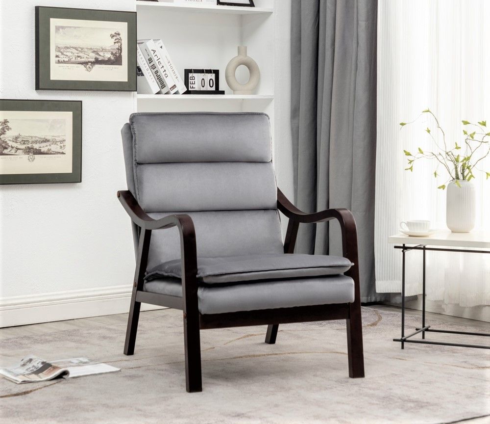 Mid-Century Modern Grey Accent Chair with Wood Armrest, Upholstered Reading Chair for Living Room Bedroom
