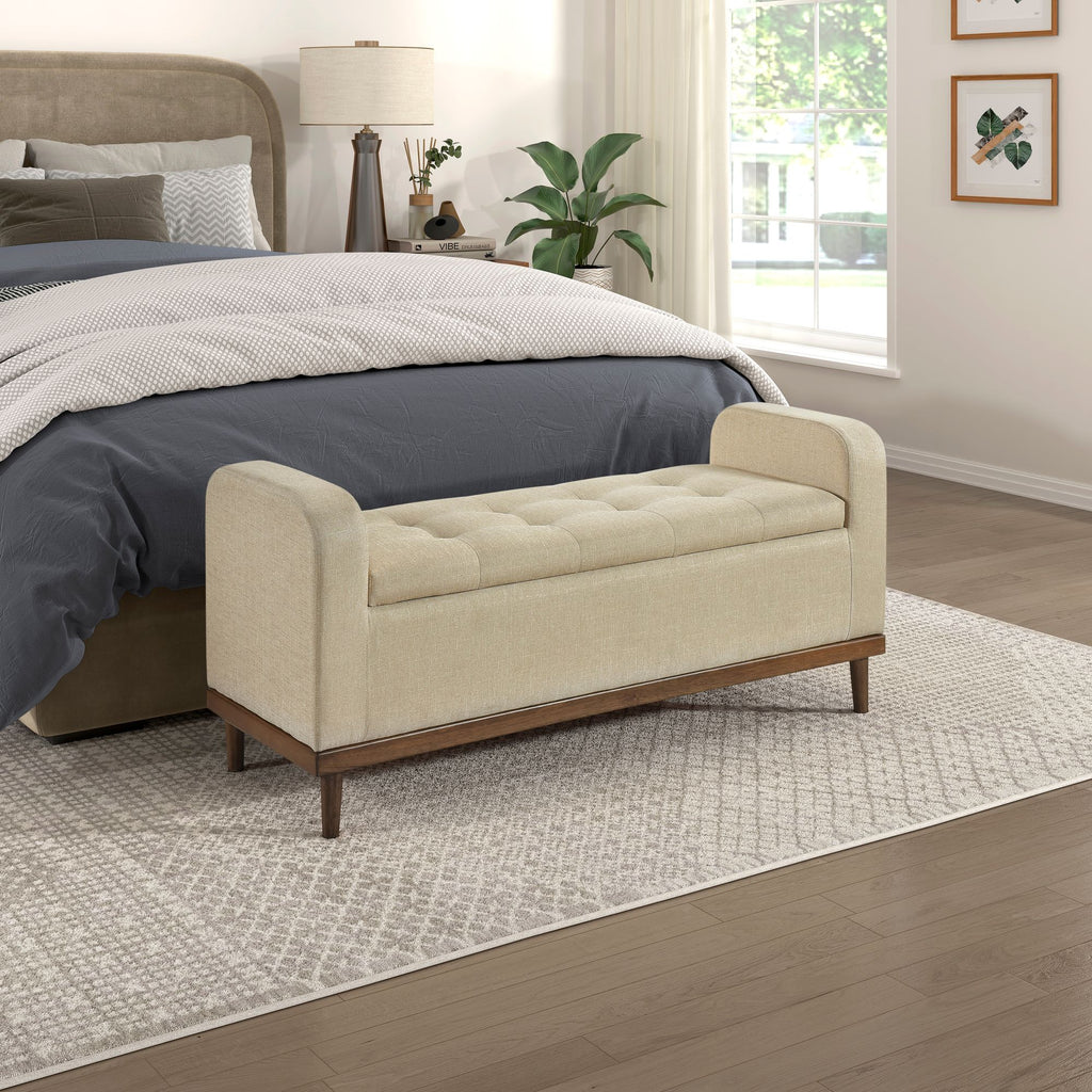 Mid-Century Modern Lift Top Storage Bench 1pc Light Brown Upholstered Tufted Solid Wood Walnut Finish Wooden Furniture