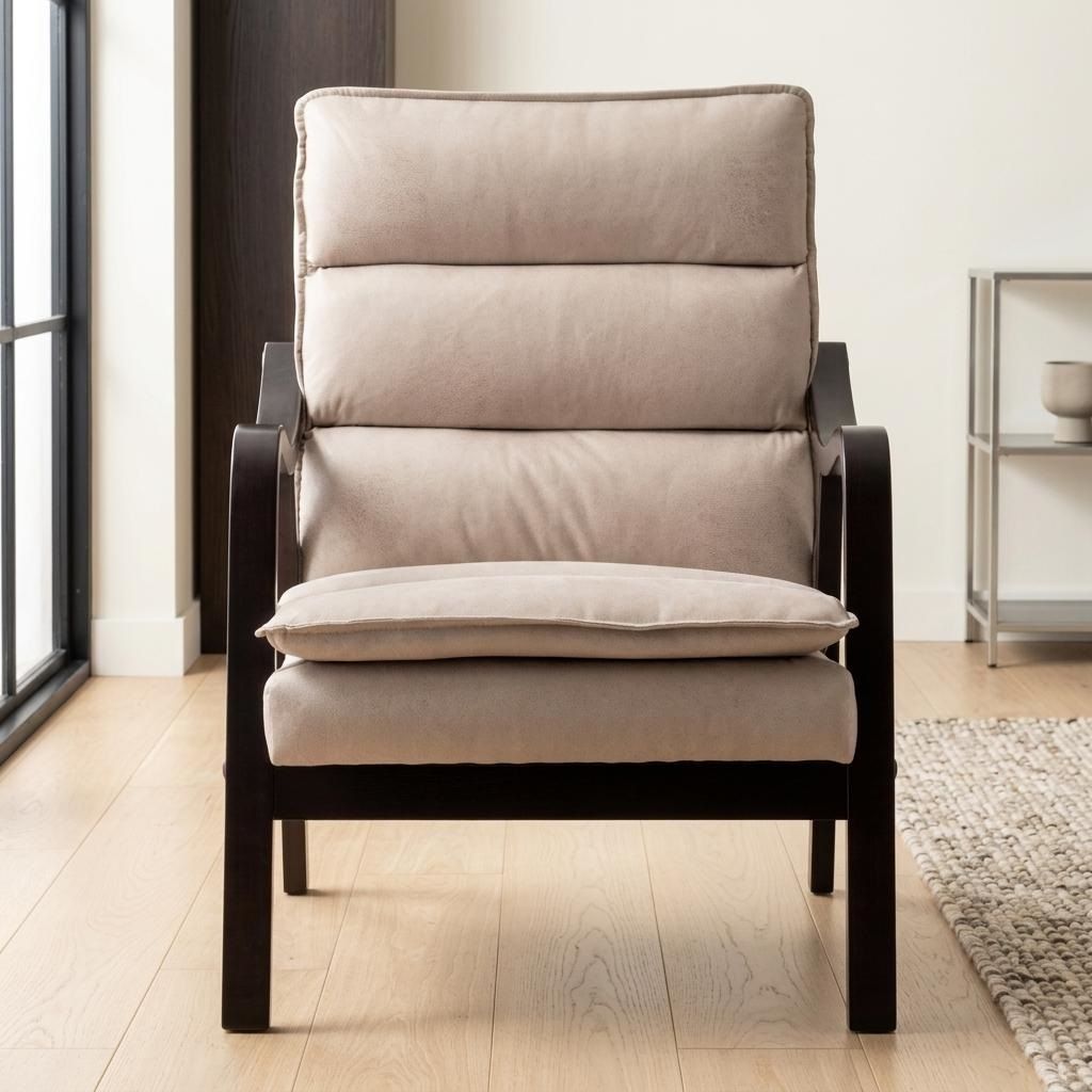 Mid-Century Modern Light Camel Accent Chair with Wood Armrest, Upholstered Reading Chair for Living Room Bedroom