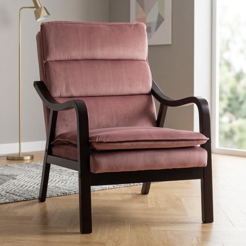 Mid-Century Modern Rose Accent Chair with Wood Armrest, Upholstered Reading Chair for Living Room Bedroom