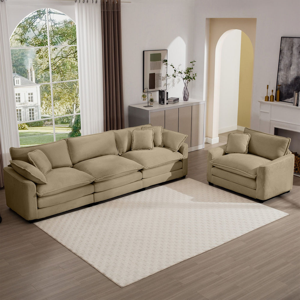 Mid-Century Modern Sectional Set of Two, One 3-Seater Sectional and One Single-Seater Sectional with 2 Arm Pillows and 4 Throw Pillows, Living Room Sectional Tan Corduroy Fabric
