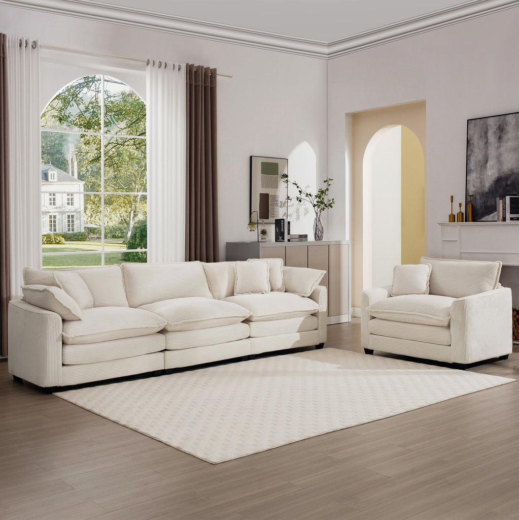 Mid-Century Modern Set of 2 Sofas with One 3-Seater Sofa and One Single Accent Chair, Light Beige Corduroy Fabric