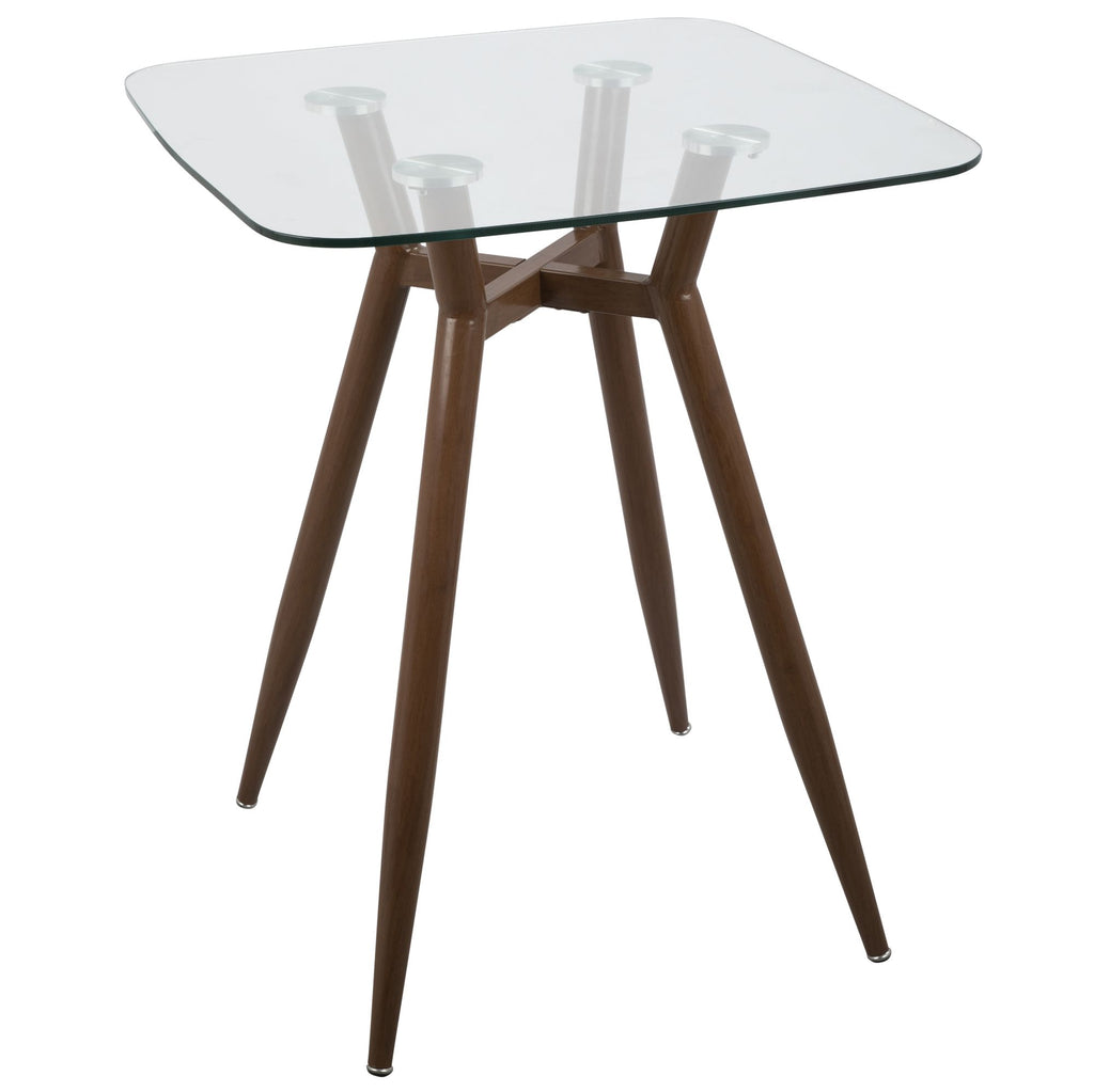 Mid-Century Modern Square Counter Table with Walnut Metal Legs and Clear Glass Top