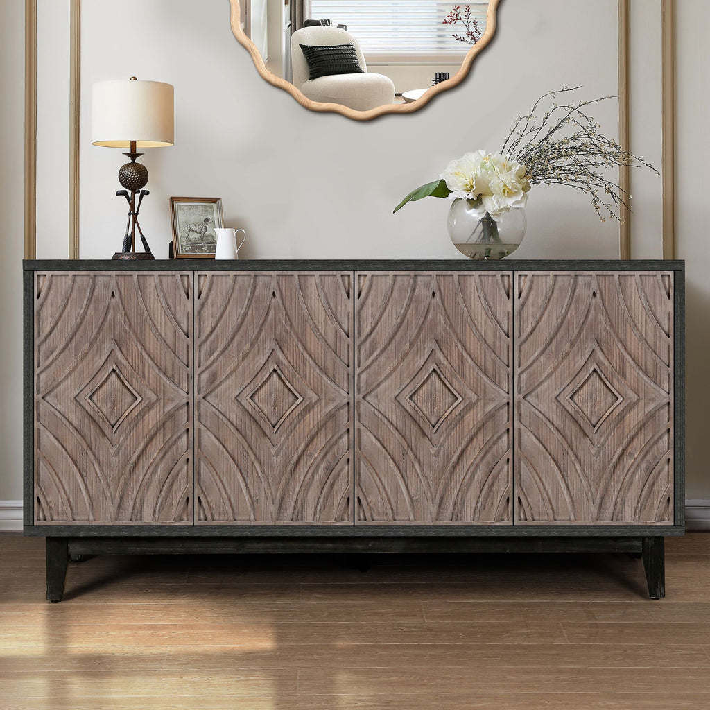 Mid Century Sideboard Buffet Cabinet with Solid Wood Legs 60" Kitchen Storage Cabinet Credenza with 4 Convex pattern diamond Doors and 2 Shelves Accent Console Table for Living Room Entrance Hall etc