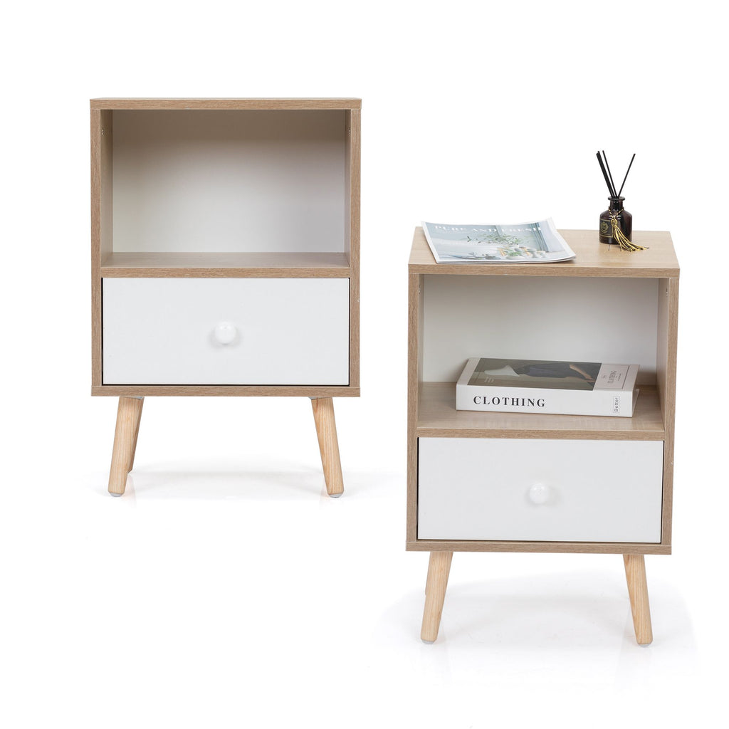 Mid-Century Wood Nightstand Set of 2, Bed Sofa Side Table with Drawer and Shelf, Modern End Table for Living Room Bedroom Office