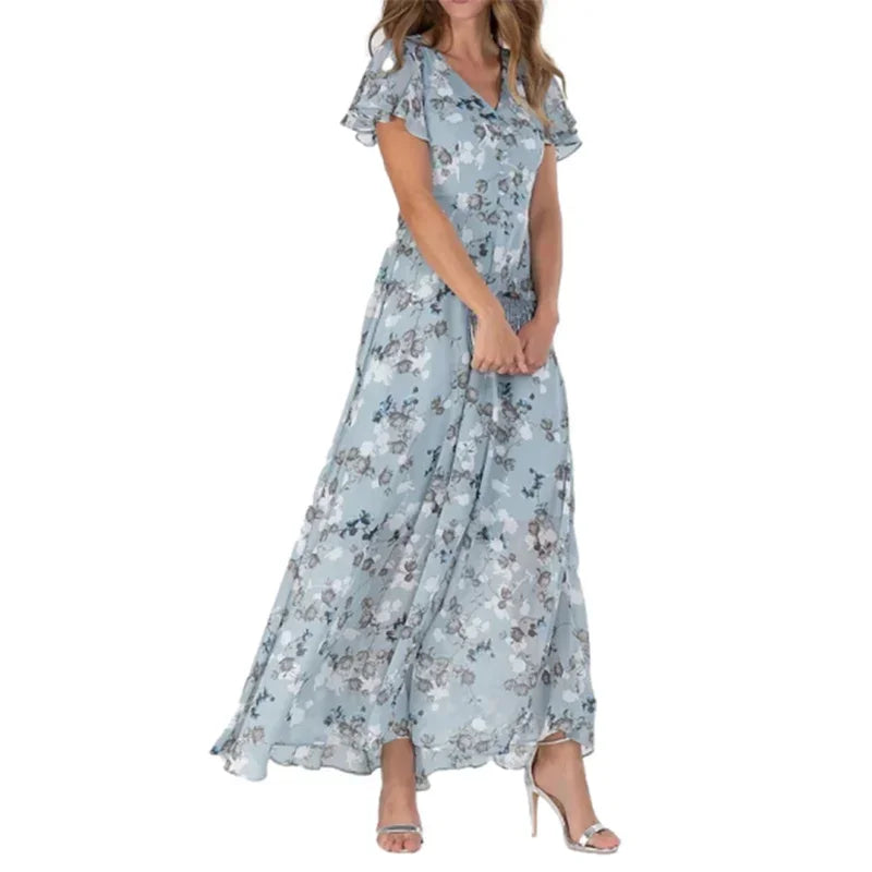 Women Elegant Ruffle Short Sleeve V Neck Pullover Dress with Small Flower Print and High Waist Fit for Casual and Elegant Occasions