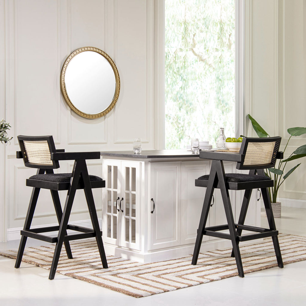 Milan 29.5" Modern Resin Webbing Back Bar Stool with Arms, Set of 3, Ebony Black Boucle