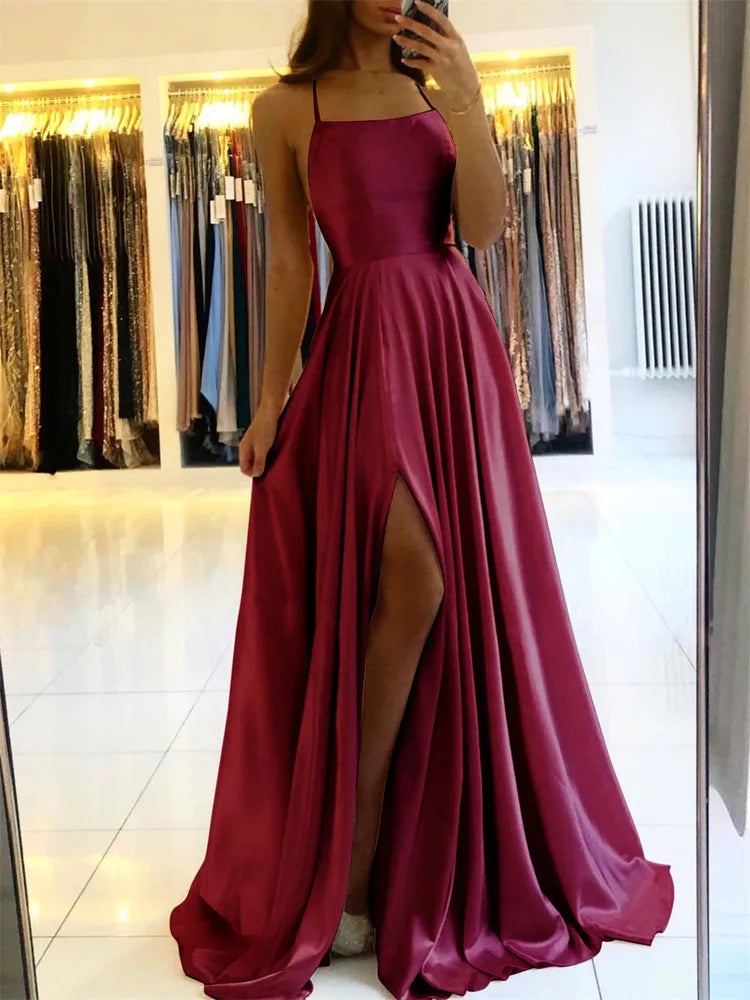 Burgundy Satin Beach Maxi Dress for Women with Sexy Side Slit and Adjustable Straps for Evening Prom and Bridesmaid Celebrations - NIICY