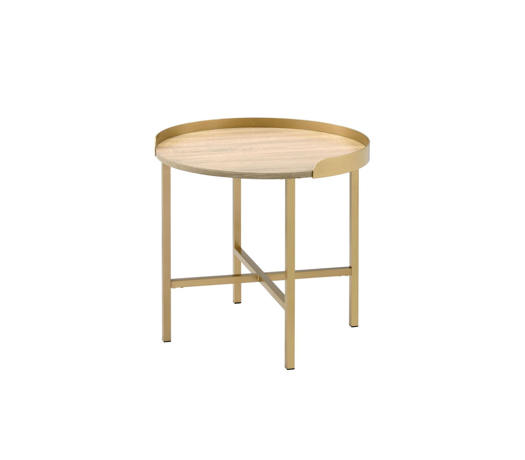 Mithea Oak Table Top & Gold Finish End Table