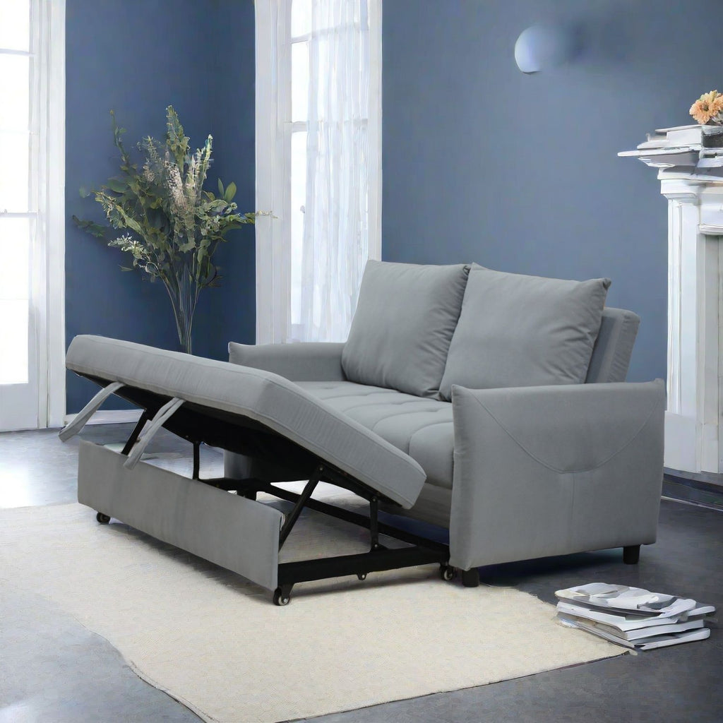 Modern 3 in 1 Sleeper Sofa Couch Bed Pull Out Sofa Bed Convertible Loveseat Light Blue Sleeper Futon with 2 Pillows & Side Storage Pockets, Velvet Sofa Adjustable Backrest, for Living Room