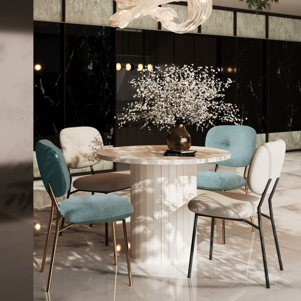 Modern 4-Person Dining Set: Bamboo & MDF Table with Turquoise & Beige Fabric Chairs, Metal Legs – Space-Saving Kitchen/Dining Room Furniture