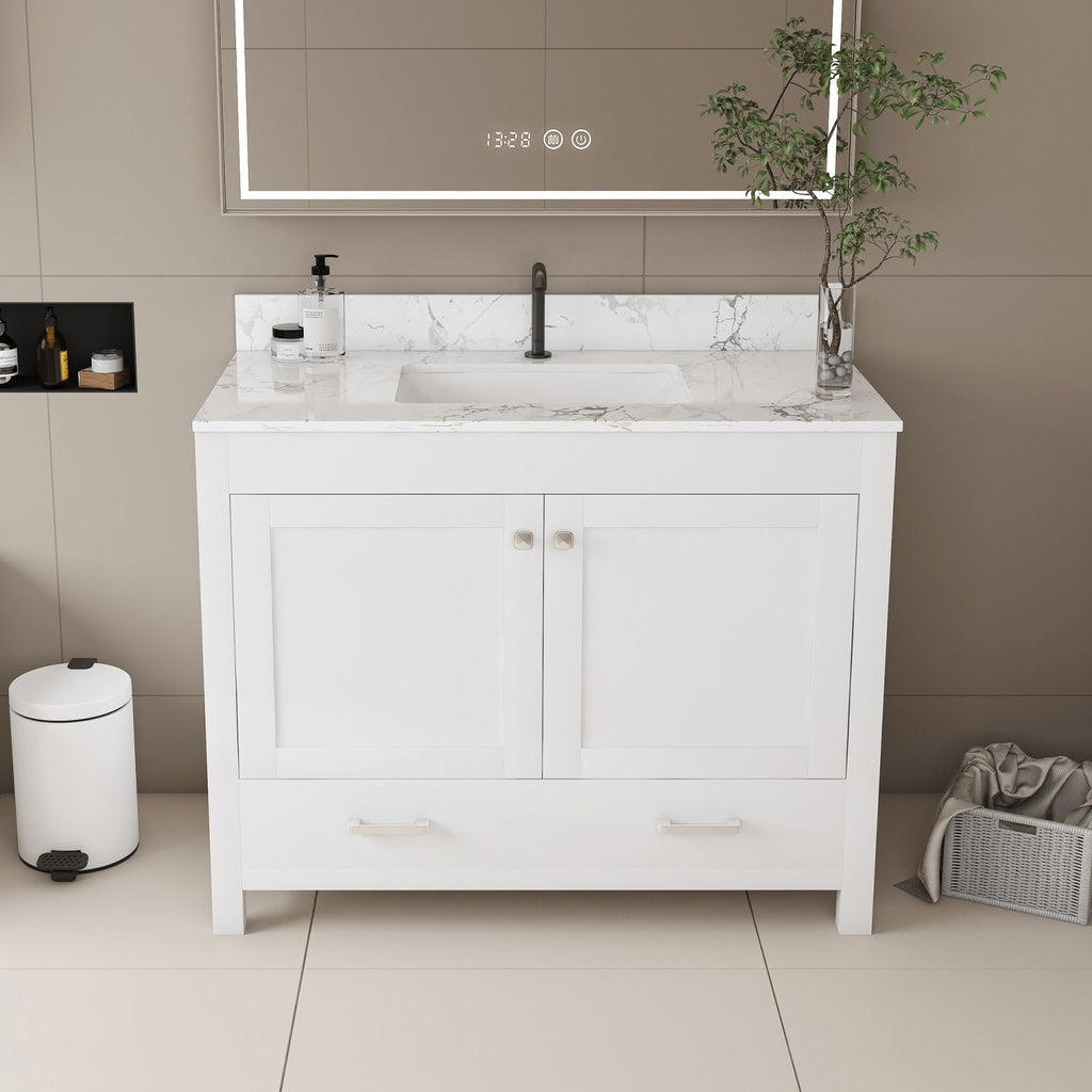 Modern 43"Bathroom Vanity with Artificial marble Carrara white top Set , Multi-functional Bathroom Cabinet with Doors and Drawer, Solid Frame and MDFBoard (single faucet hole)