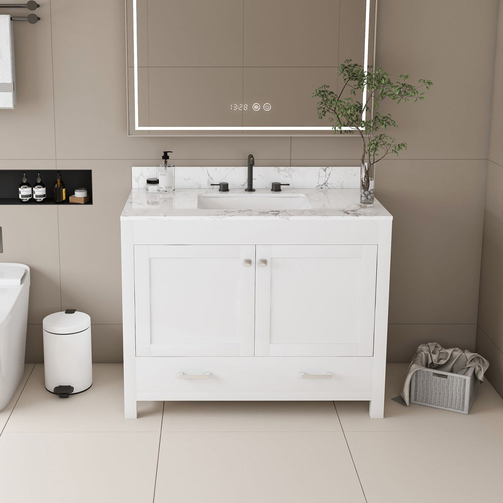 Modern 43"Bathroom Vanity with Artificial marble Carrara white top Set , Multi-functional Bathroom Cabinet with Doors and Drawer, Solid Frame and MDFBoard (Three faucet hole)