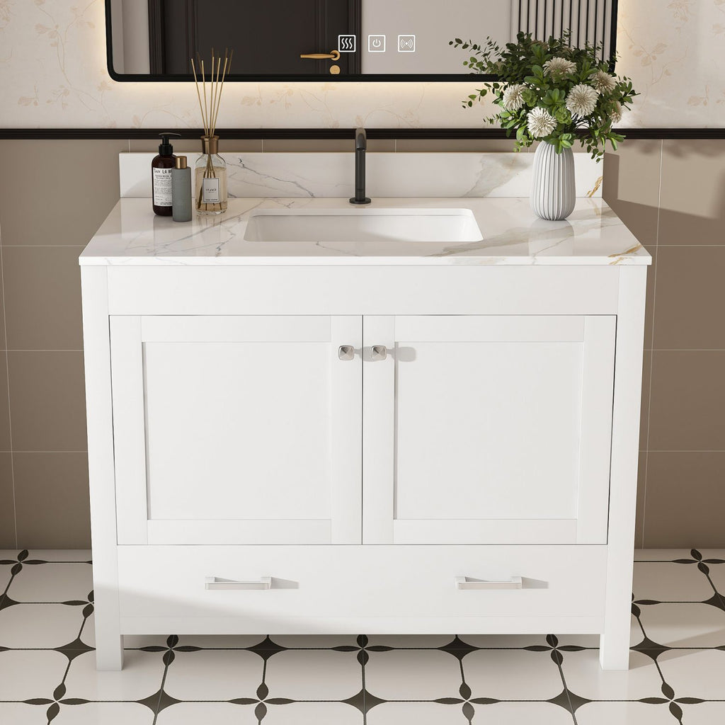 Modern 43"Bathroom Vanity with Artificial marble karalakin color Set , Multi-functional Bathroom Cabinet with Doors and Drawer, Solid Frame and MDF Board (Single faucet hole)