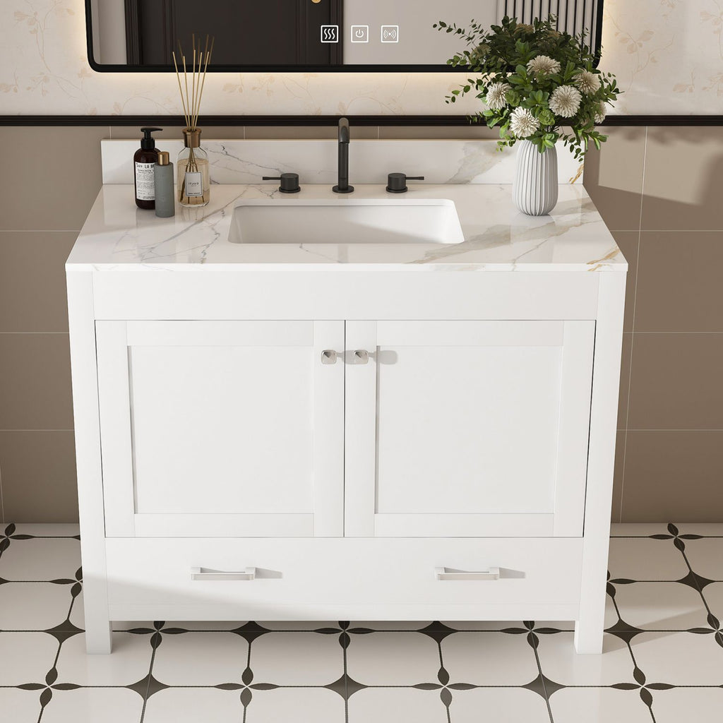 Modern 43"Bathroom Vanity with Artificial marble karalakin color Set , Multi-functional Bathroom Cabinet with Doors and Drawer, Solid Frame and MDF Board ( three faucet hole)