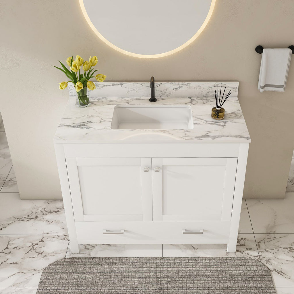 Modern 43"Bathroom Vanity with sintered stone carrara white top Set , Multi-functional Bathroom Cabinet with Doors and Drawer, Solid Frame and MDF Board ( single faucet hole)
