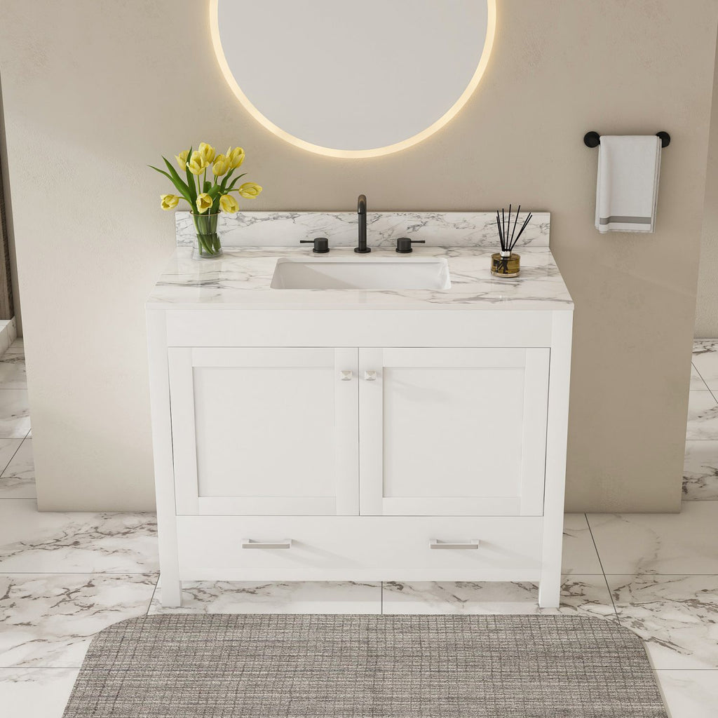 Modern 43"Bathroom Vanity with sintered stone carrara white top Set , Multi-functional Bathroom Cabinet with Doors and Drawer, Solid Frame and MDF Board ( Three faucet hole)