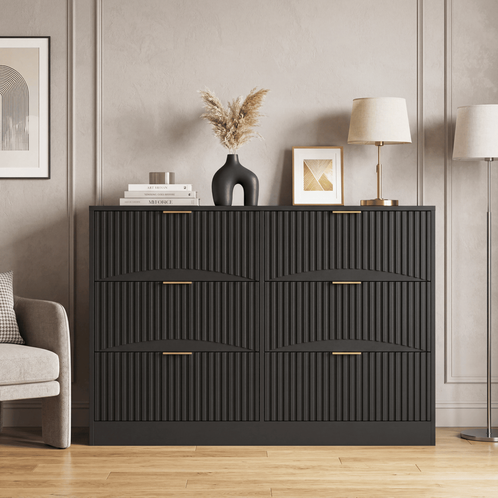 Modern 6-Drawer Dresser, Chest of Drawers for Bedroom, Living Room, Hallway, and Entryway - Large Storage Cabinet, Black,Drawer panel with wavy patterns