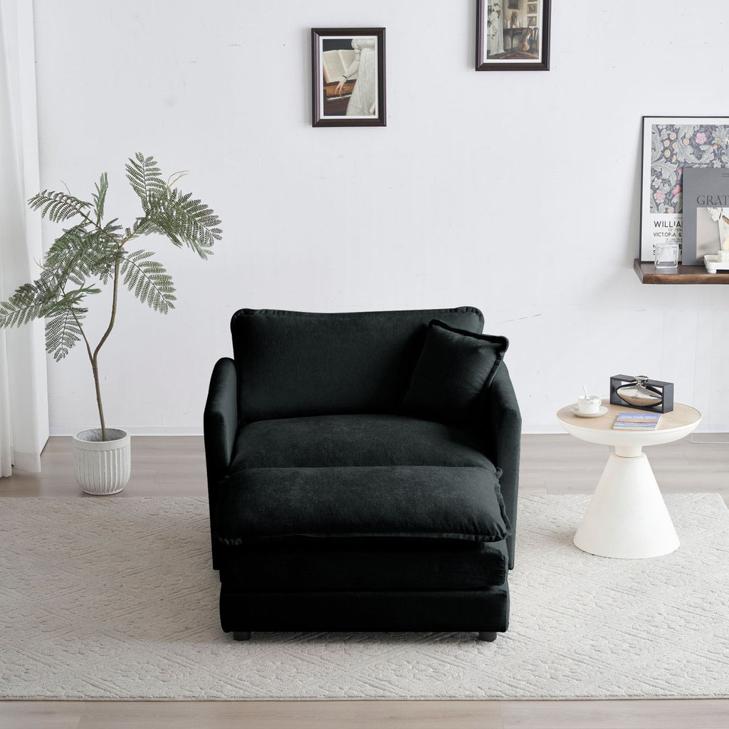 Modern Accent Chair with Ottoman, Living Room Club Chair Chenille Upholstered Armchair , Reading Chair for Bedroom, Black Chenille