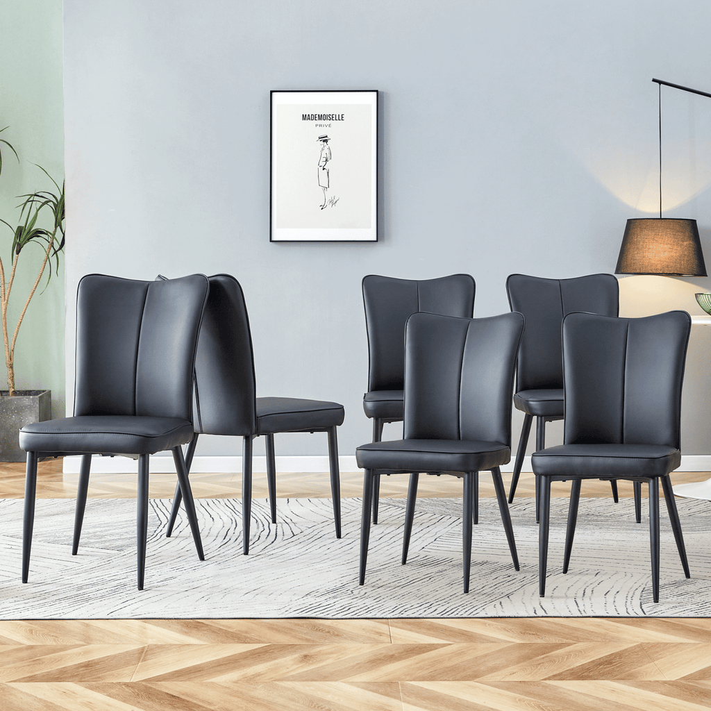 Modern Black PU Chair Set - Six Pieces, The backrest has a vertical and smooth line design.Suitable for placement in kitchen, living rooms, and other venues.