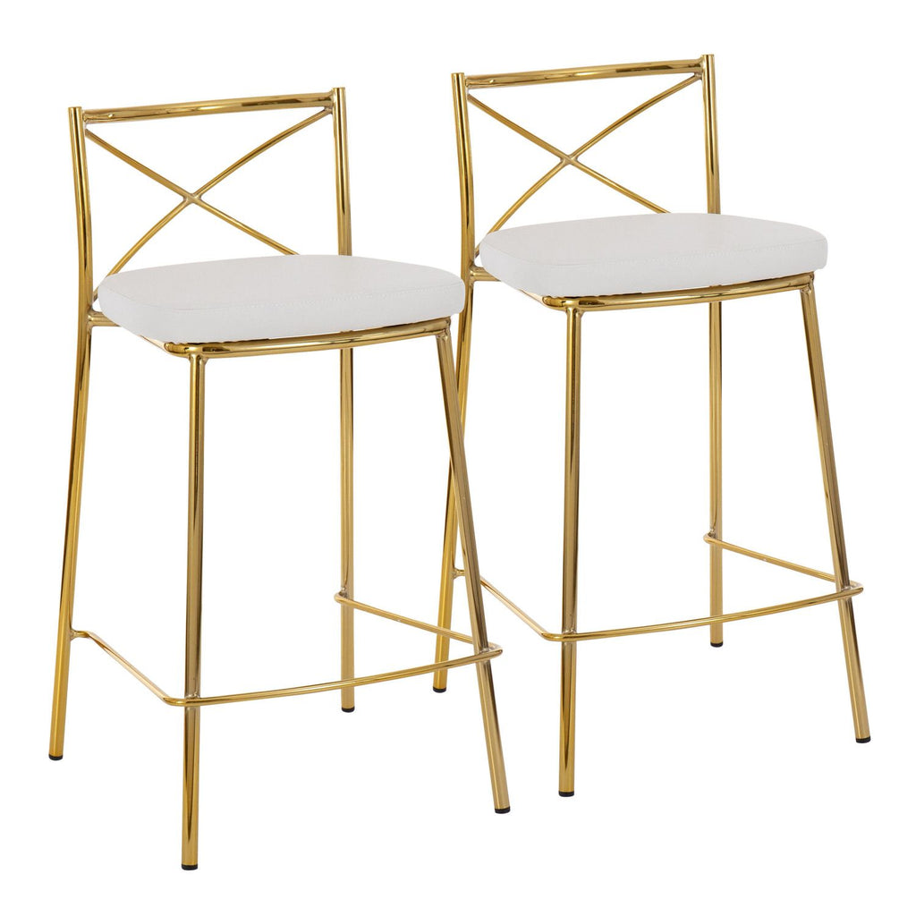Modern Charlotte 25" Contemporary Fixed-Height Counter Stool in Gold Metal and White Faux Leather by - Set of 2