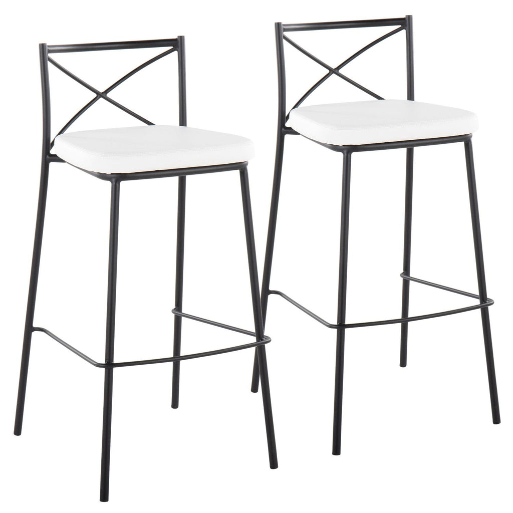 Modern Charlotte 30" Contemporary Fixed-Height Barstool in Black Metal and White Faux Leather by - Set of 2