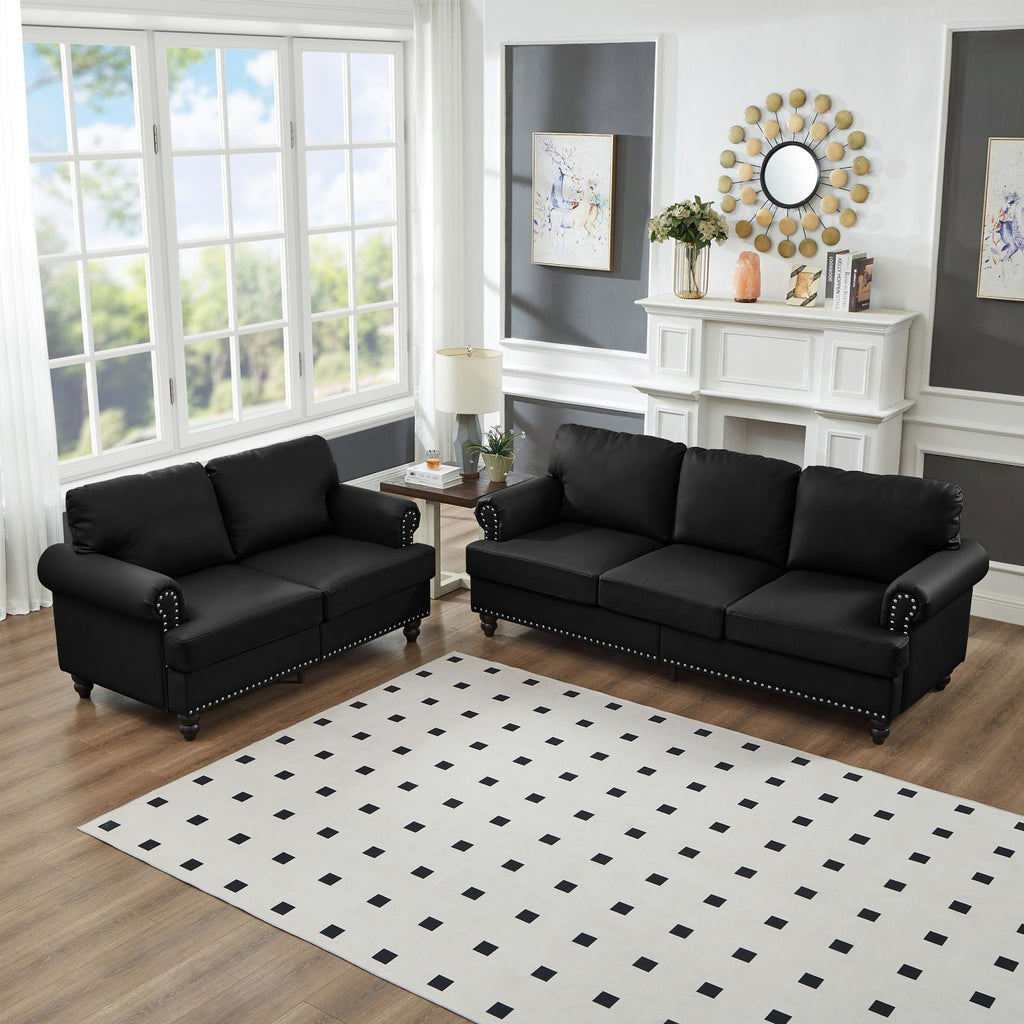 Modern Classic Design with Nails Living Room 2+3 seater Loveseat & Sofa Leather Couch,Upholstered Imitation Cowhide Leather Black