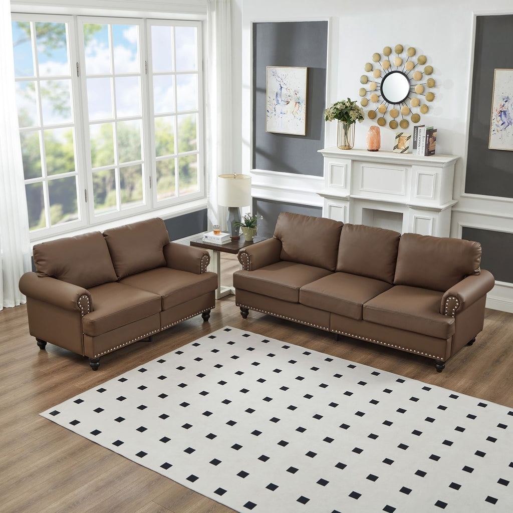 Modern Classic Design with Nails Living Room 2+3 seater Loveseat & Sofa Leather Couch,Upholstered Imitation Cowhide Leather Brown