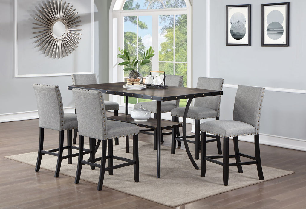 Modern Classic Dining Room Furniture Natural Wooden Dining Table 6x High Chairs Gray Fabric Nail heads Trim Storage Shelve 7pc Counter Height Dining Set