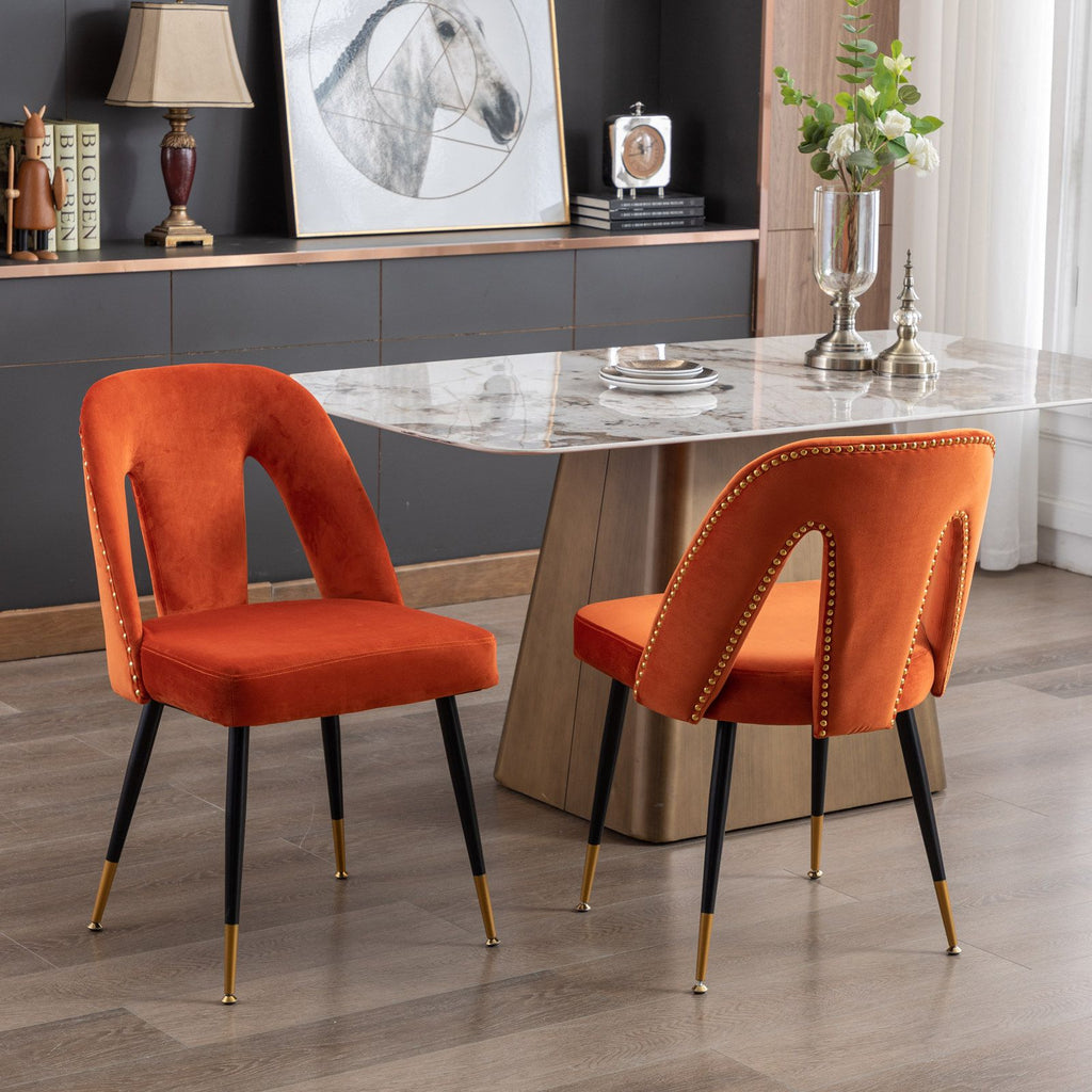 Modern | Contemporary Velvet Upholstered Dining Chair with Nailheads and Gold Tipped Black Metal Legs, Orange, Set of 2