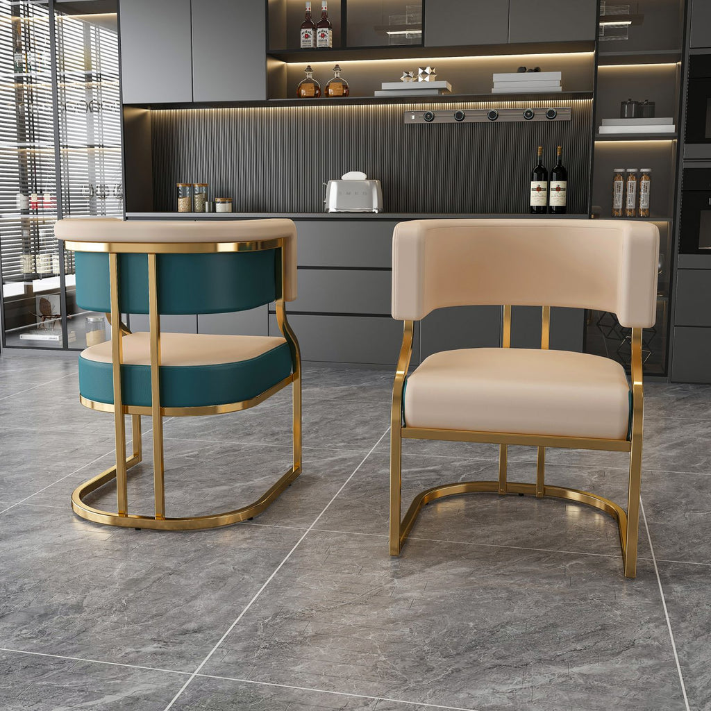 Modern Dining Chairs Set of 2, Gold Plated Iron Frame, PU Upholstered Cushion, Ergonomic Curved Backrest Armless Accent Chairs for Kitchen Dining Room