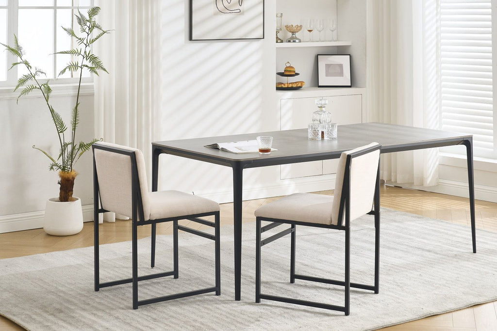Modern Dining Chairs set of 2, Upholstered Linen cushions and backrest with minimalist craft iron racks IVORY