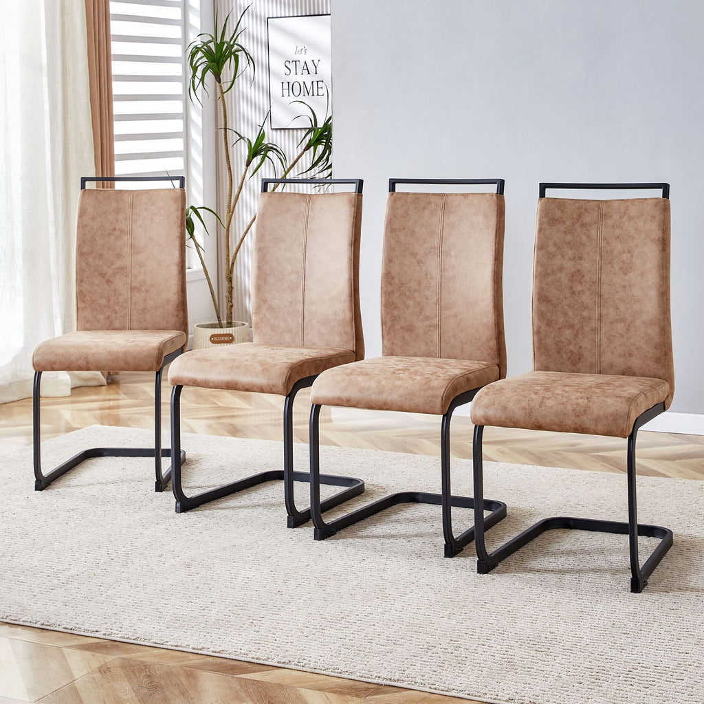 Modern Dining Chairs, Technology cloth High Back Upholstered Side Chair with C-shaped Tube Black Metal Legs for Dining Room Kitchen Vanity Club Guest Office chair (Set of 4)Brown 1162