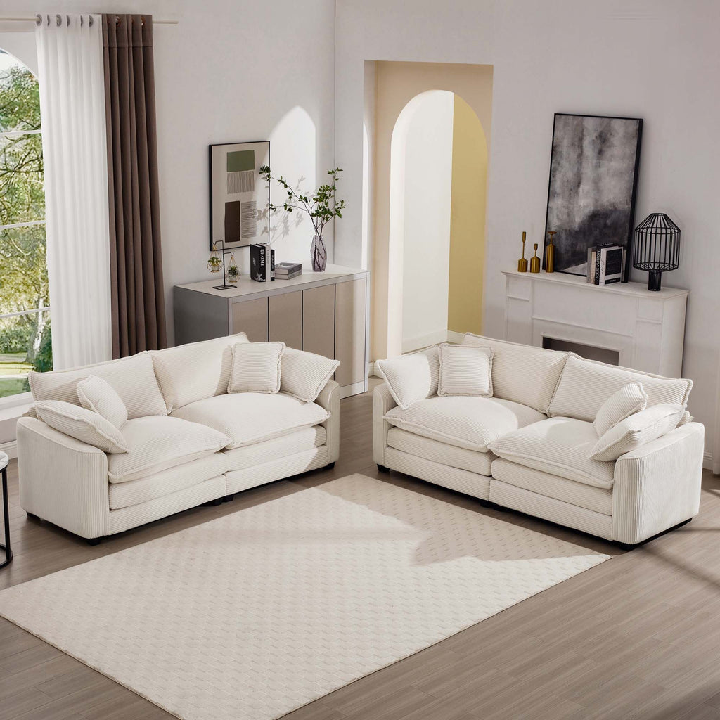 Modern Fabric Living Room Sofa Two Pieces Set, Two 2-Seater Sofas with 8 Cushions,Upholstery Large Deep Seat Sofa Set, Light Beige Corduroy Fabric