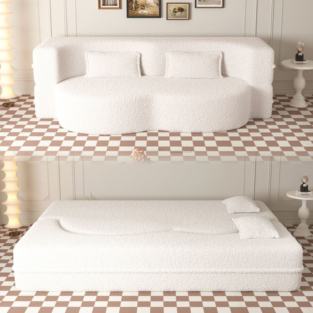 Modern Floor Sofa with 2 Pillows,Convertible Teddy Fabric Foam-Filled Sleeper Sofa Bed,15" Full Size Folding Mattress for Living Room,Guest Bed,Playroom,no assembly required,Beige(Old Sku:W1885P230383