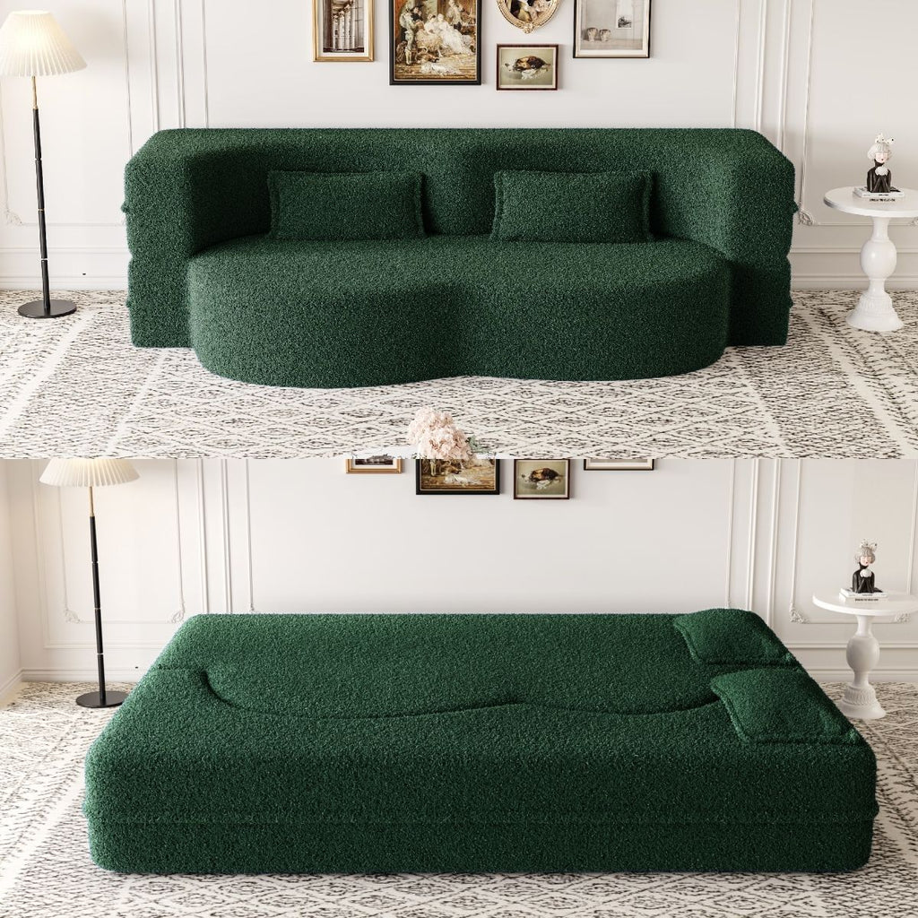 Modern Floor Sofa with 2 Pillows,Convertible Teddy Fabric Foam-Filled Sleeper Sofa Bed,15" Full Size Folding Mattress for Living Room,Guest Bed,Playroom,no assembly required,Green