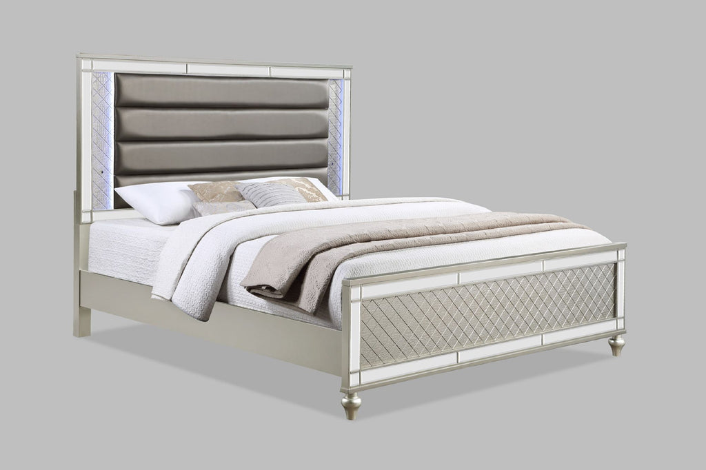 Modern Glam Style Champagne Finish Queen Size Panel Bed White & Blue LED Light Mirror Accents Faux Leather Upholstery Solid Wood Wooden Bedroom Furniture