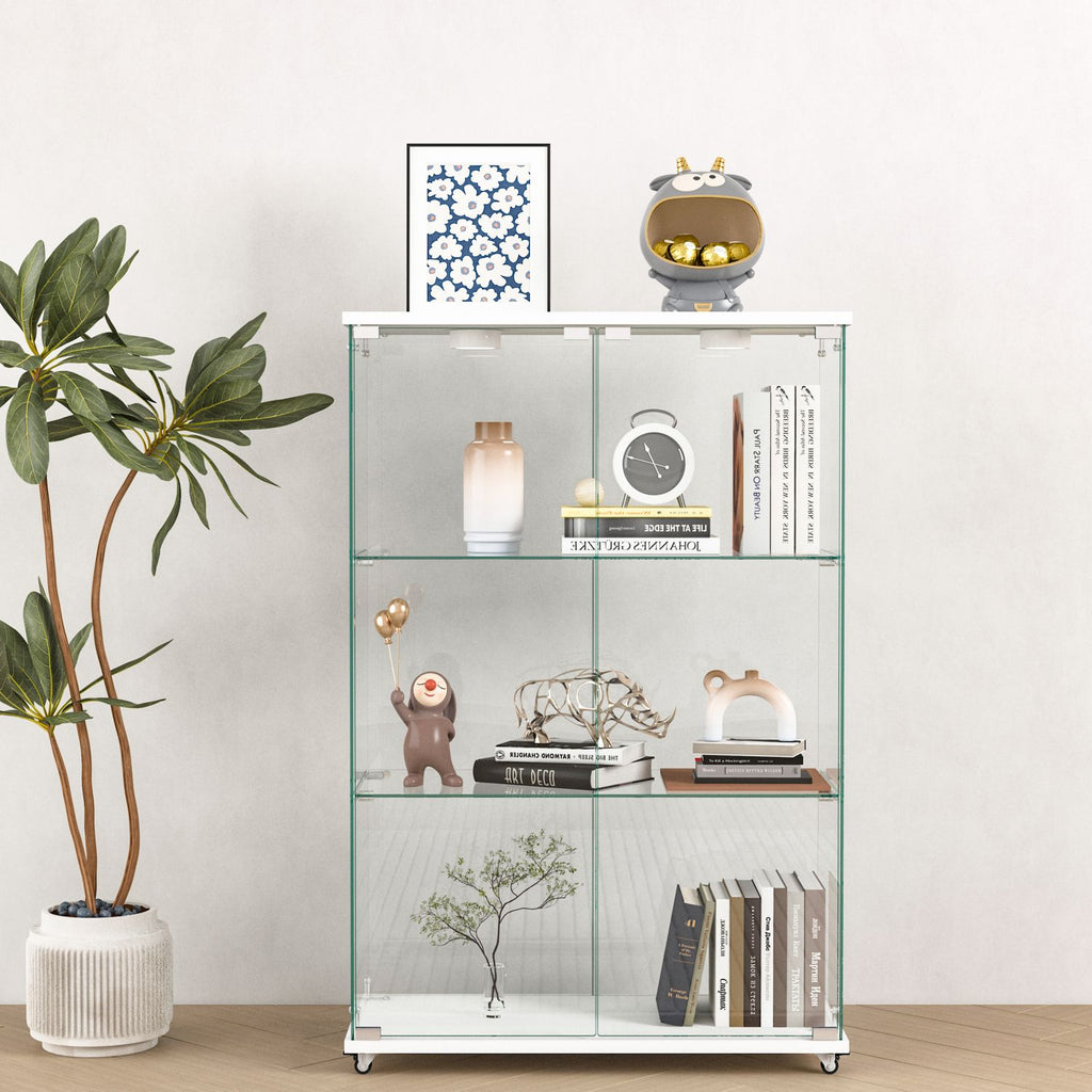 Modern Glass Display Cabinet with LED lights, Quick-assembly Antique Cabinet, Tempered Glass Bookshelf, Suitable for Living Room and Bedrooms, 2-door 3-shelf, Transparent+White