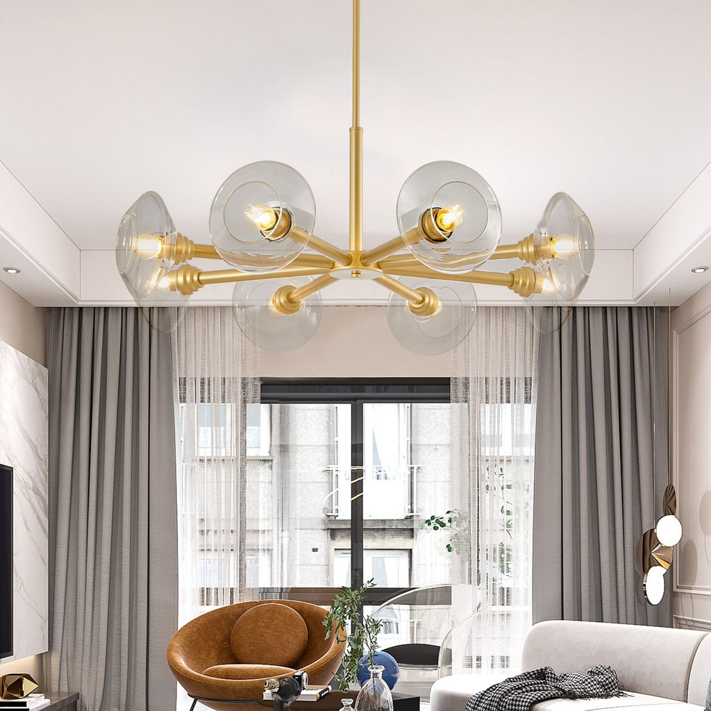 Modern Gold 8-Light Sputnik Chandelier with Clear Glass Shades, Mid-Century Hanging Pendant Light Fixture for Dining Room, Living Room, or Kitchen (Bulb Not Included)