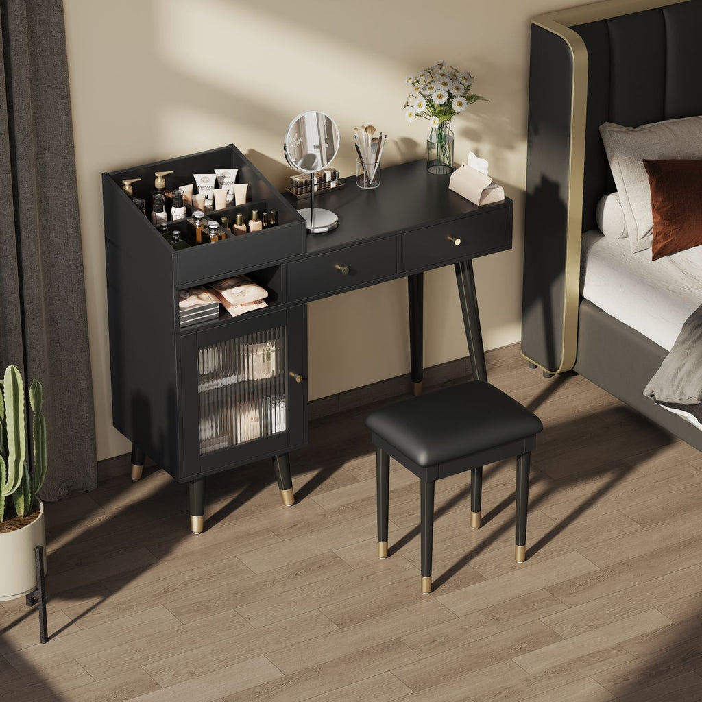 Modern Makeup Vanity Desk with Drawers, Cabinet & Charging Port, Space-saving Dressing Table Set with Stool for Small Places, Black